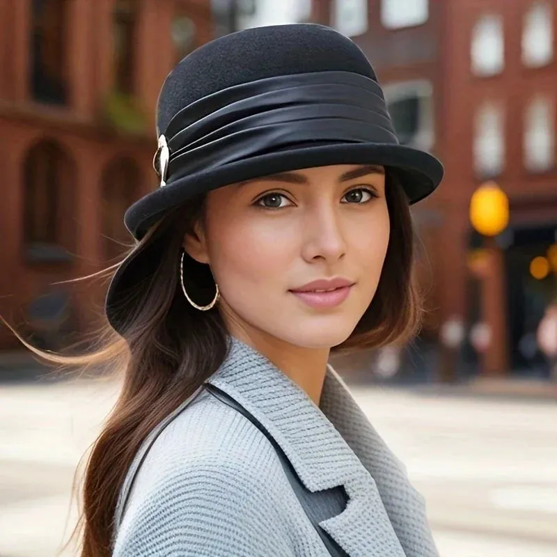 French Style Wool Bucket Sun Hat with Heart Buckle