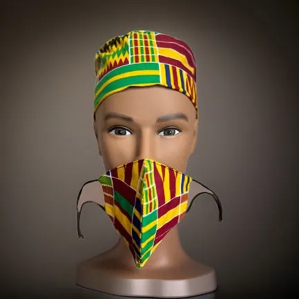 Green/Yellow/Red/ Kente Print African Kufi Hat with Matching Mask