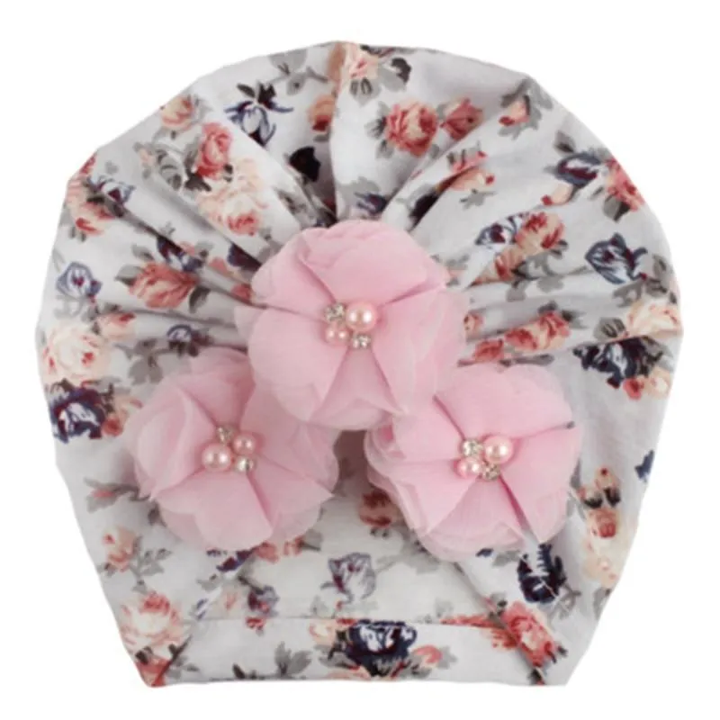 Handmade Luxury Flower With Pearl Cotton Soft Baby Turban Headband Handmade Elastic Baby Head Wrap Newborn Hair Accessories For Girls