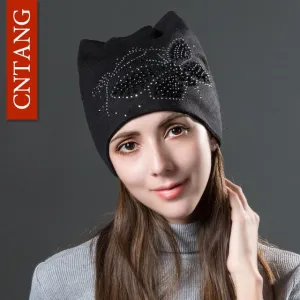 Knitted Velvet Warm Hat Cute  With Butterfly