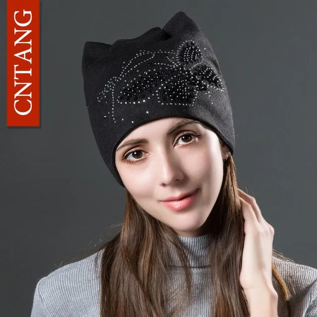 Knitted Velvet Warm Hat Cute  With Butterfly