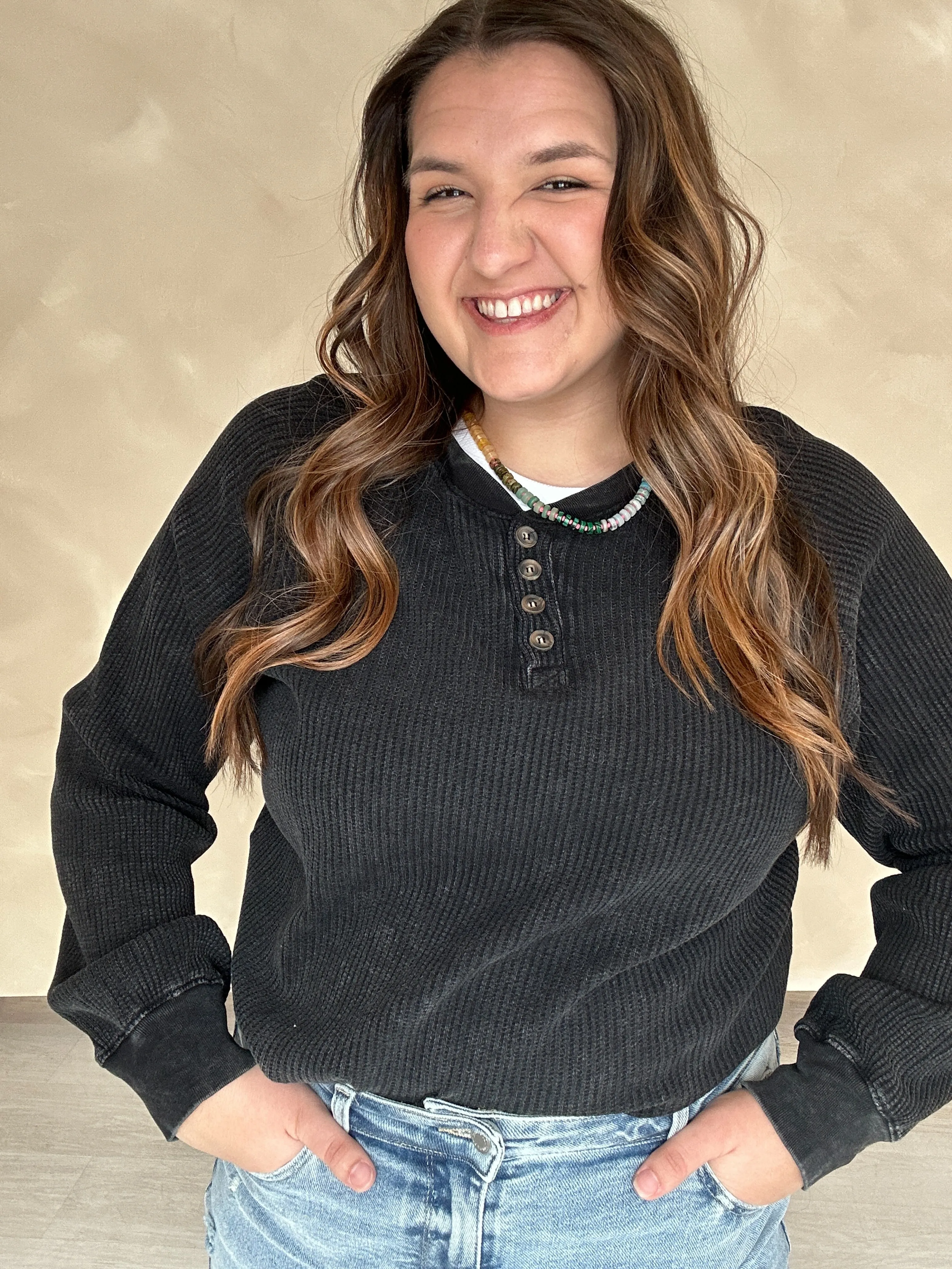 Paige Waffle Knit Top {Black}
