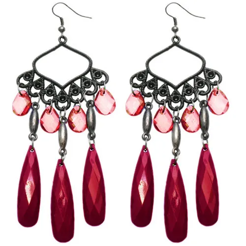 Red Beaded Dangle Chandelier Earrings