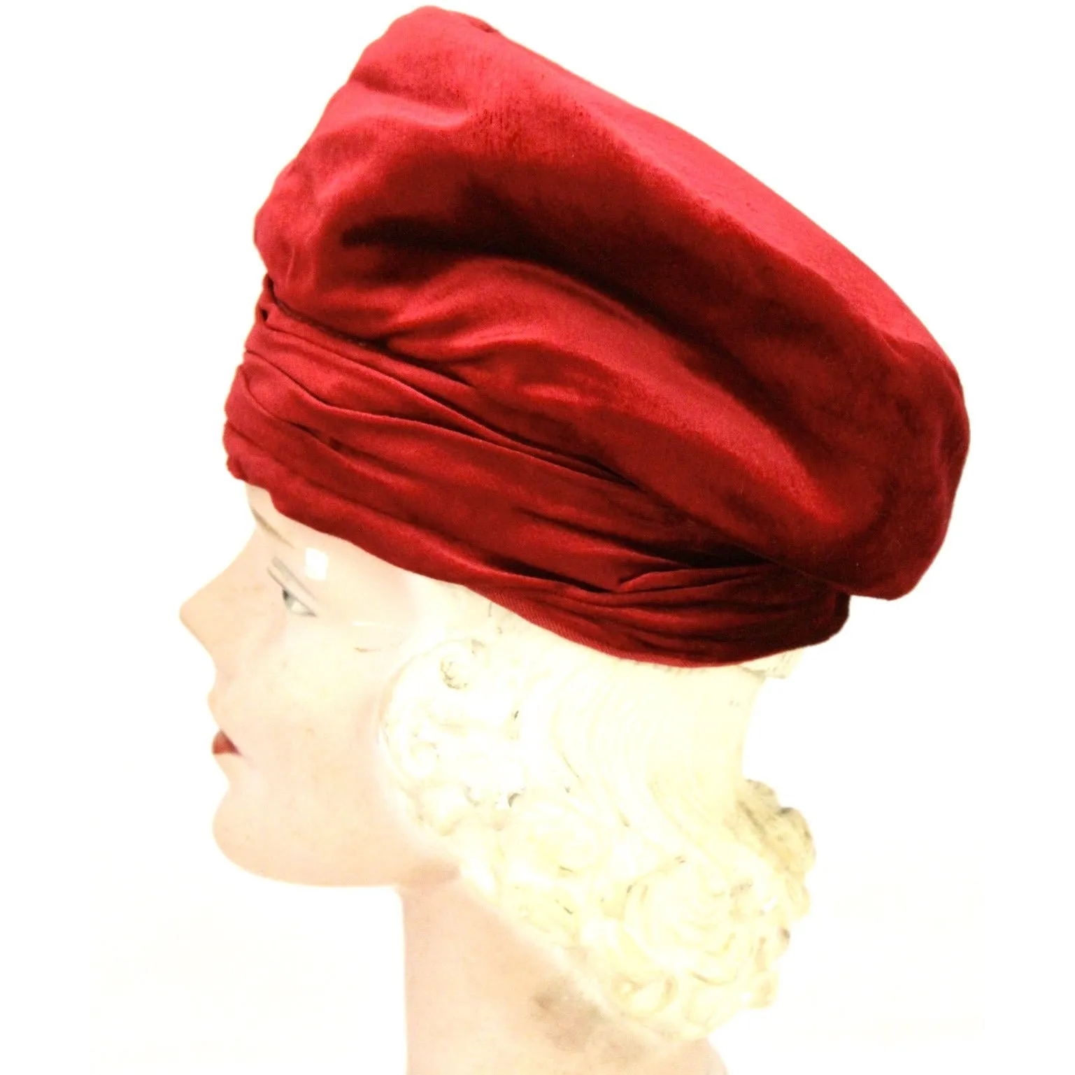 Red Velvet Vintage Turban Hat 1940s 22" Small Head