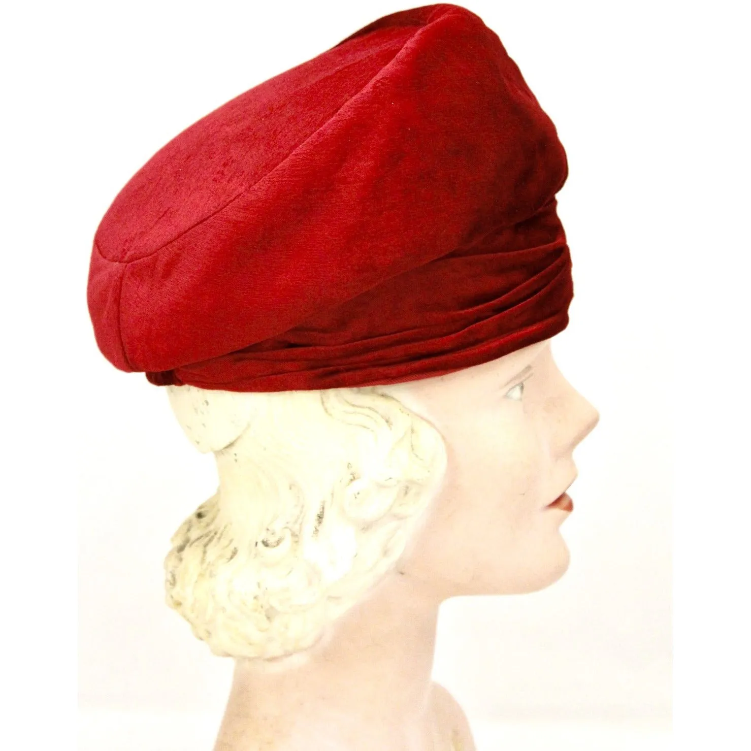 Red Velvet Vintage Turban Hat 1940s 22" Small Head