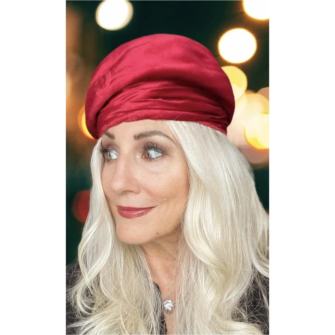 Red Velvet Vintage Turban Hat 1940s 22" Small Head