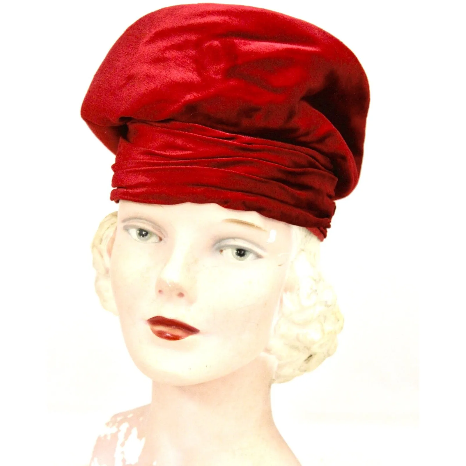 Red Velvet Vintage Turban Hat 1940s 22" Small Head