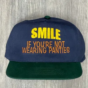 SMILE IF YOUR NOT WEARING PANTIES Vintage Strapback Navy Blue Crown Cap Hat Funny For Him Custom Embroidered