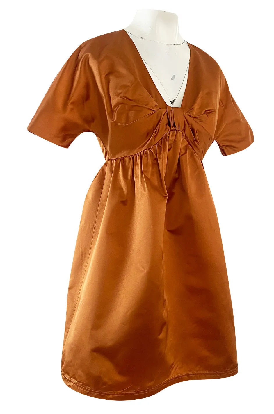 Spring 2007 Prada Burnished Gold Silk Satin Front Knot Plunging Empire Mini Dress