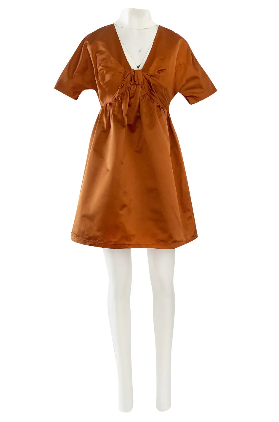 Spring 2007 Prada Burnished Gold Silk Satin Front Knot Plunging Empire Mini Dress