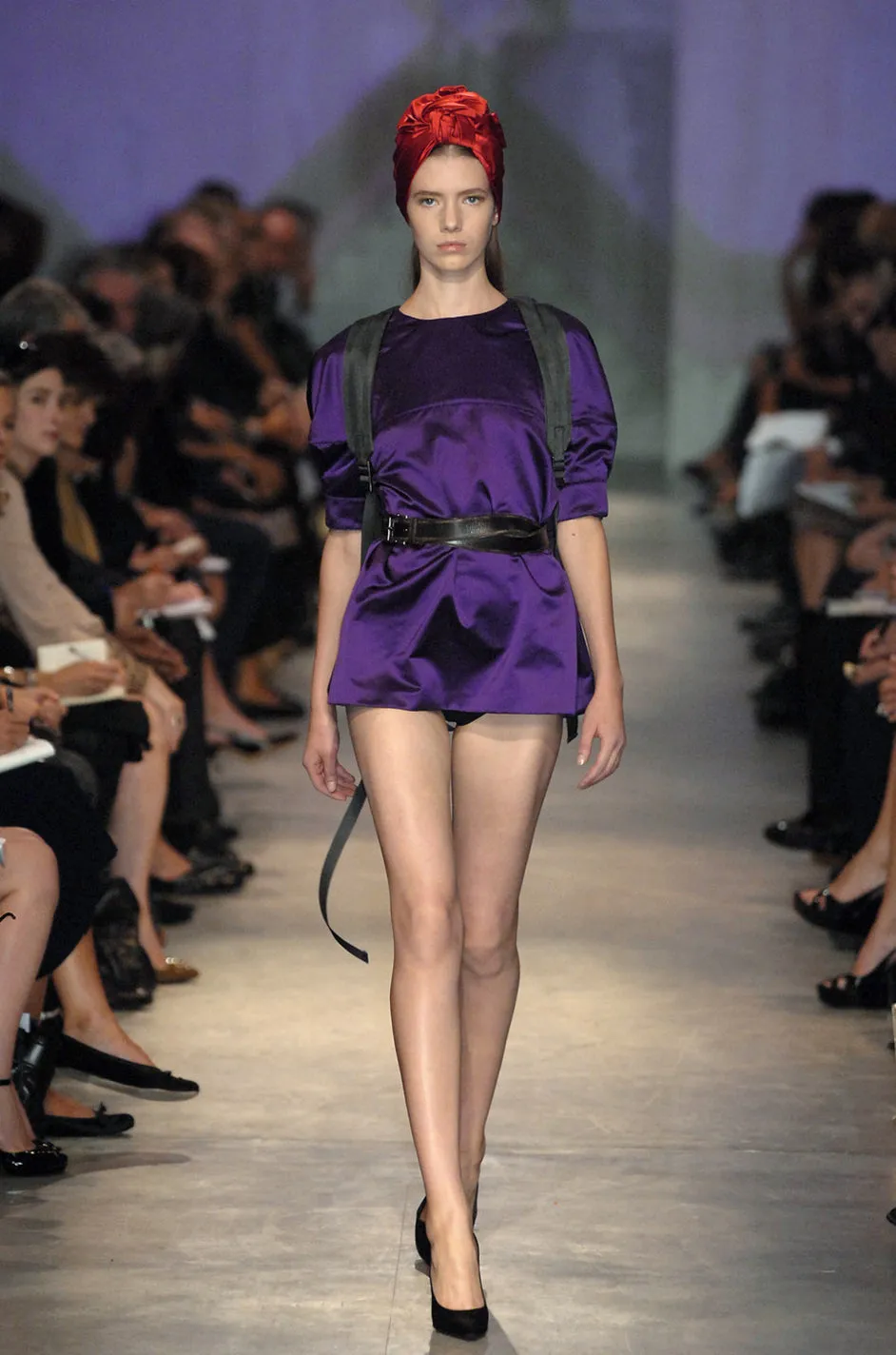 Spring 2007 Prada Burnished Gold Silk Satin Front Knot Plunging Empire Mini Dress