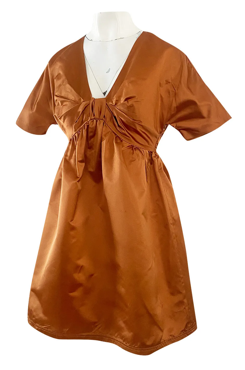 Spring 2007 Prada Burnished Gold Silk Satin Front Knot Plunging Empire Mini Dress