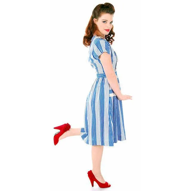 Sweet Vintage Seersucker Day Dress Blue Stripes Small Early 1940s Betty Barclay XS