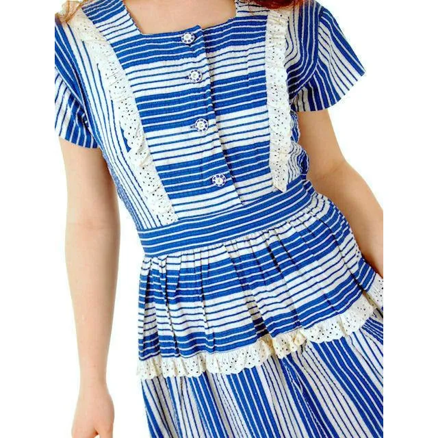 Sweet Vintage Seersucker Day Dress Blue Stripes Small Early 1940s Betty Barclay XS