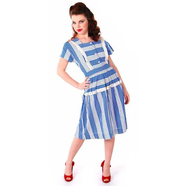 Sweet Vintage Seersucker Day Dress Blue Stripes Small Early 1940s Betty Barclay XS