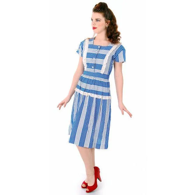 Sweet Vintage Seersucker Day Dress Blue Stripes Small Early 1940s Betty Barclay XS