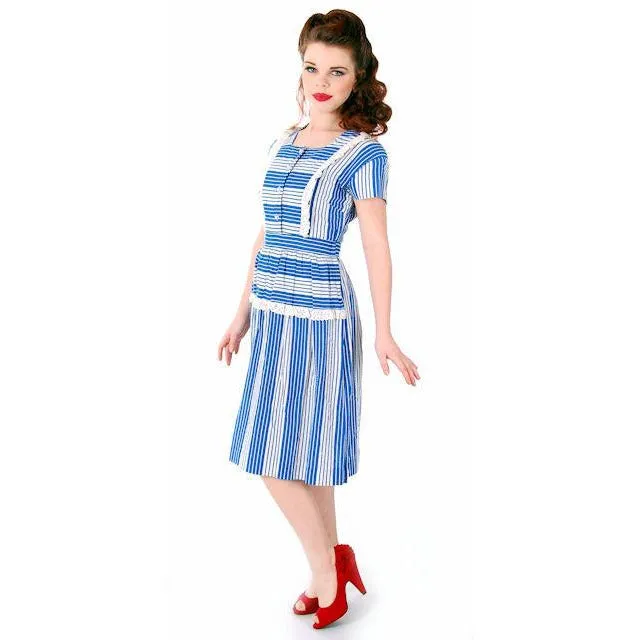 Sweet Vintage Seersucker Day Dress Blue Stripes Small Early 1940s Betty Barclay XS