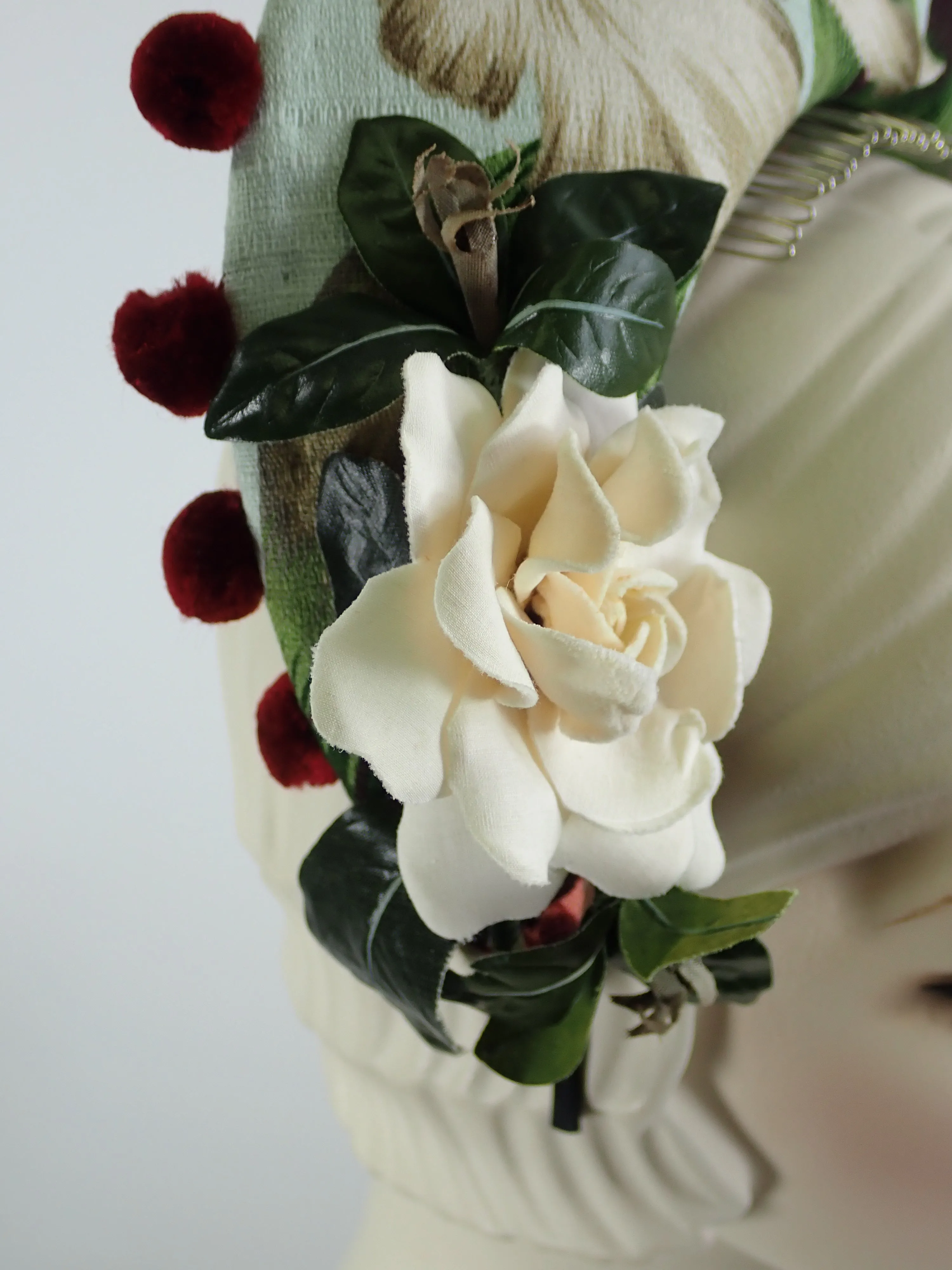 Tropical Print Tiara Halo Style Facinator in Green, Burgundy, Tan and White