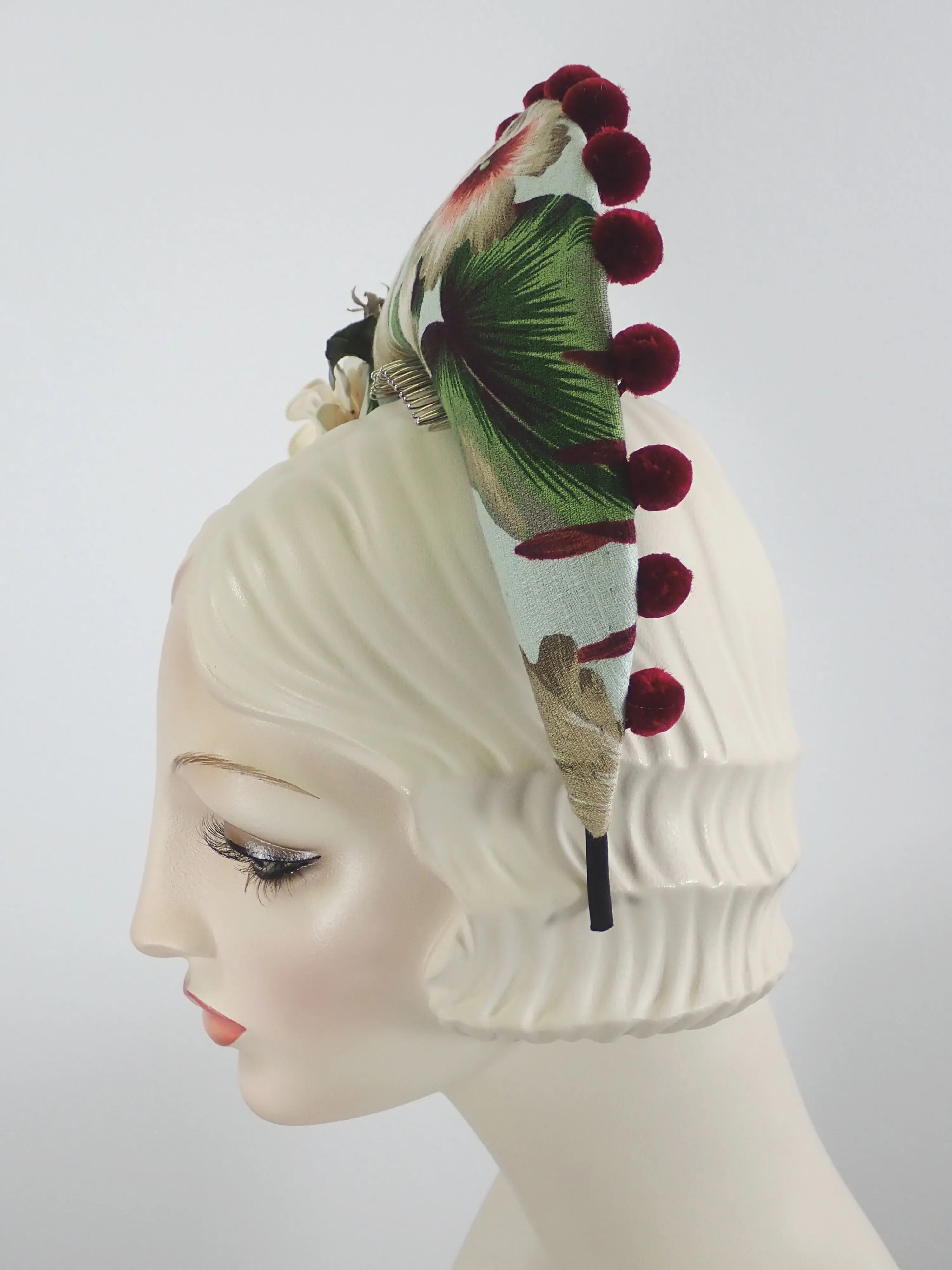 Tropical Print Tiara Halo Style Facinator in Green, Burgundy, Tan and White