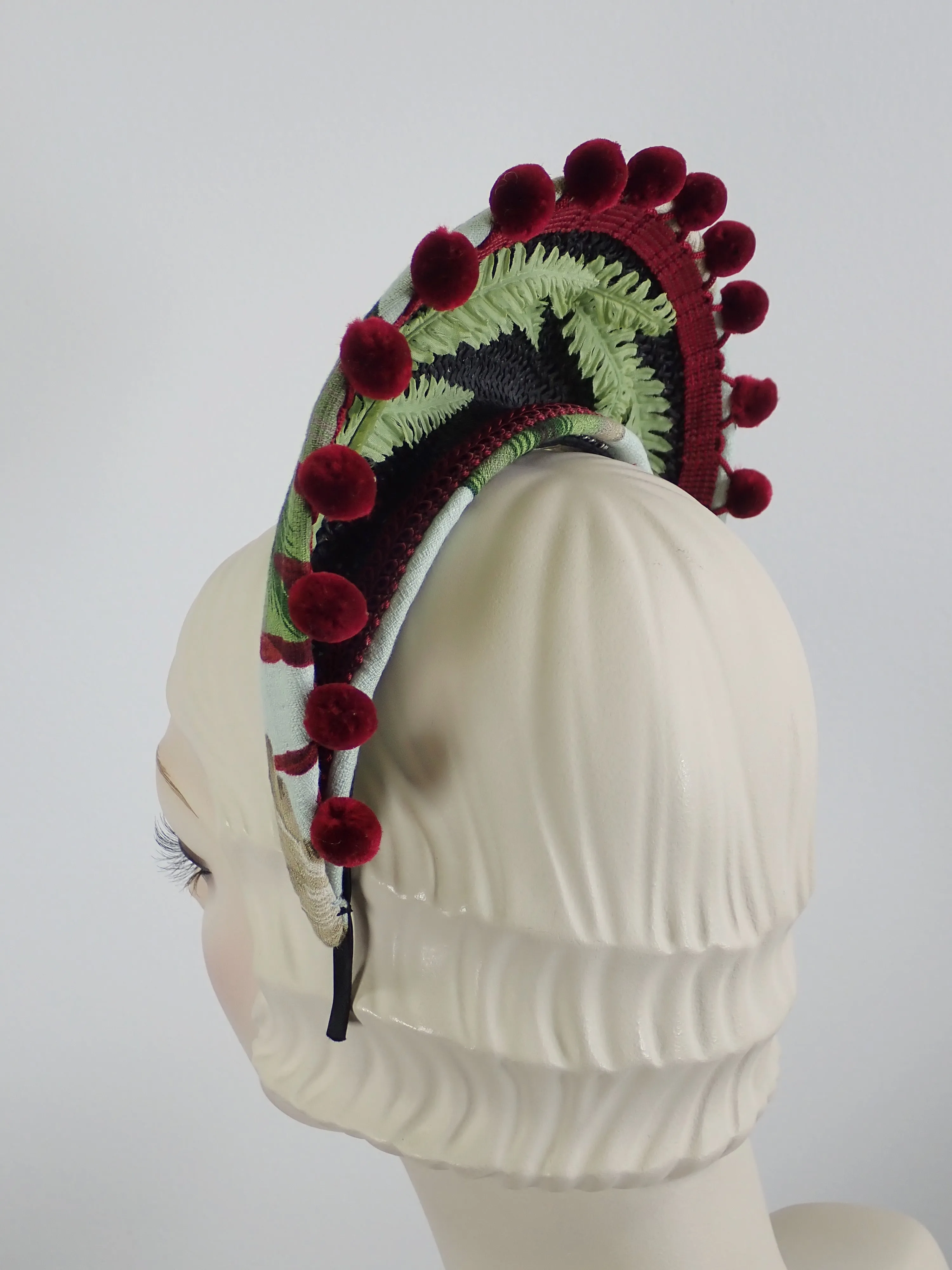 Tropical Print Tiara Halo Style Facinator in Green, Burgundy, Tan and White
