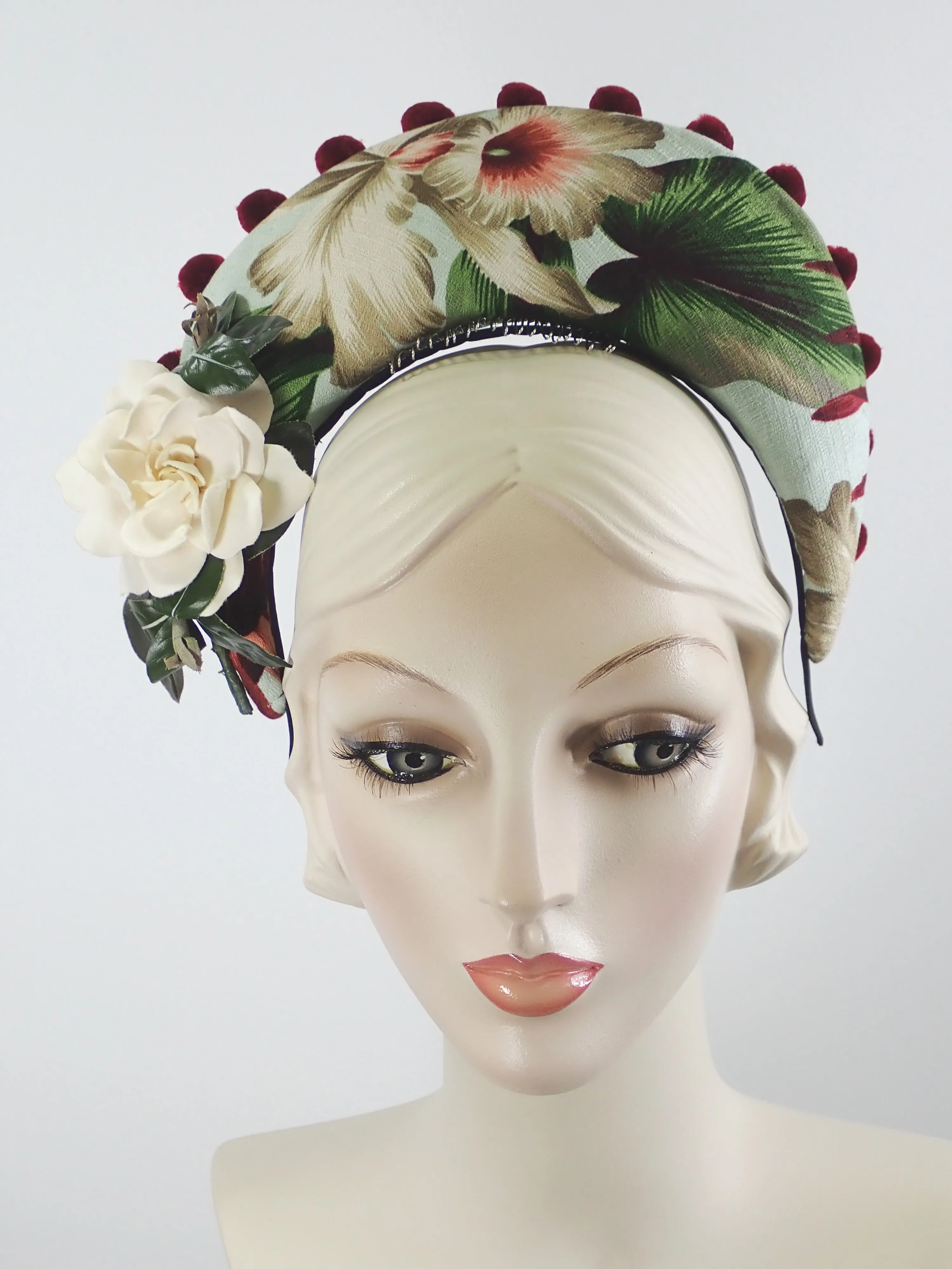 Tropical Print Tiara Halo Style Facinator in Green, Burgundy, Tan and White