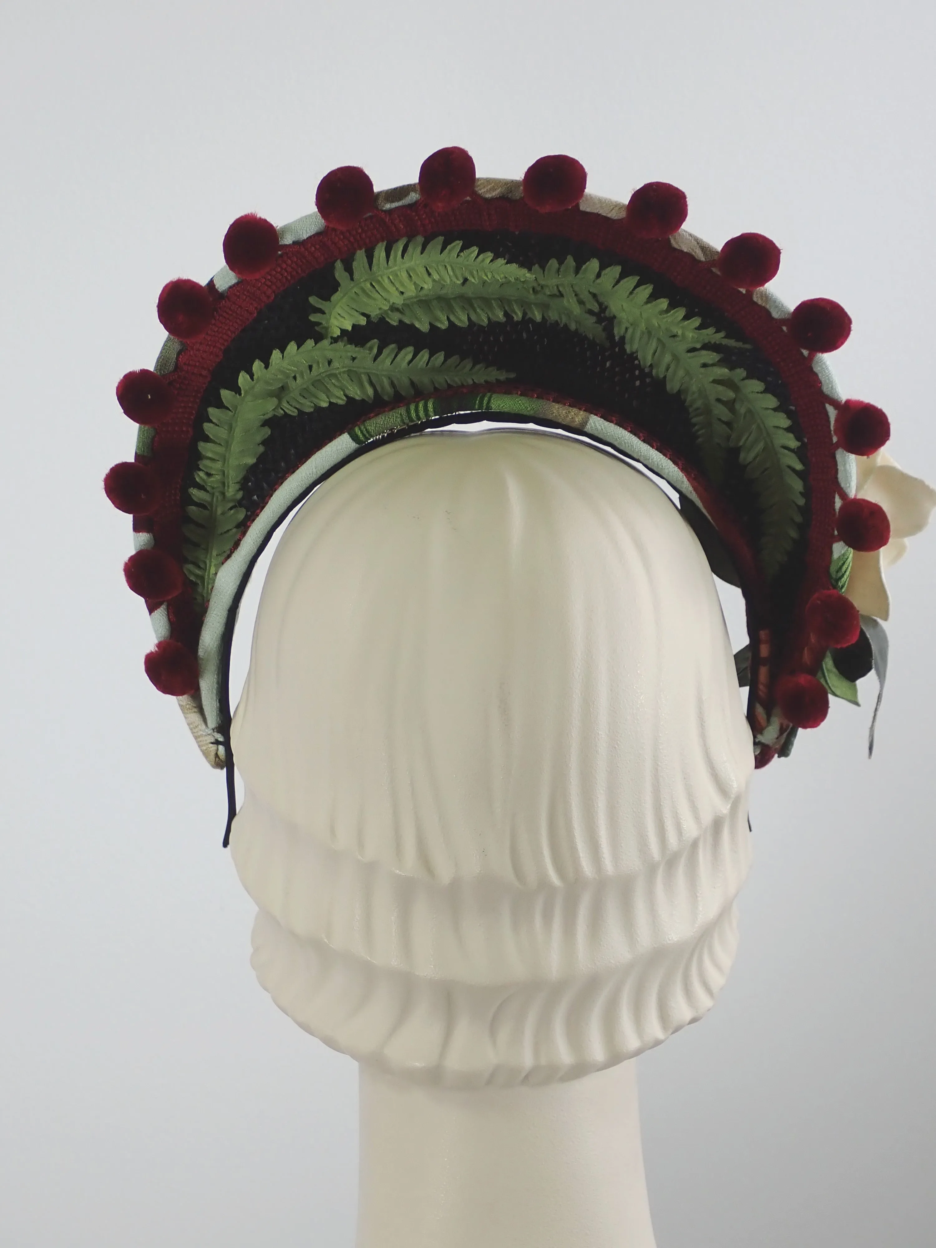 Tropical Print Tiara Halo Style Facinator in Green, Burgundy, Tan and White