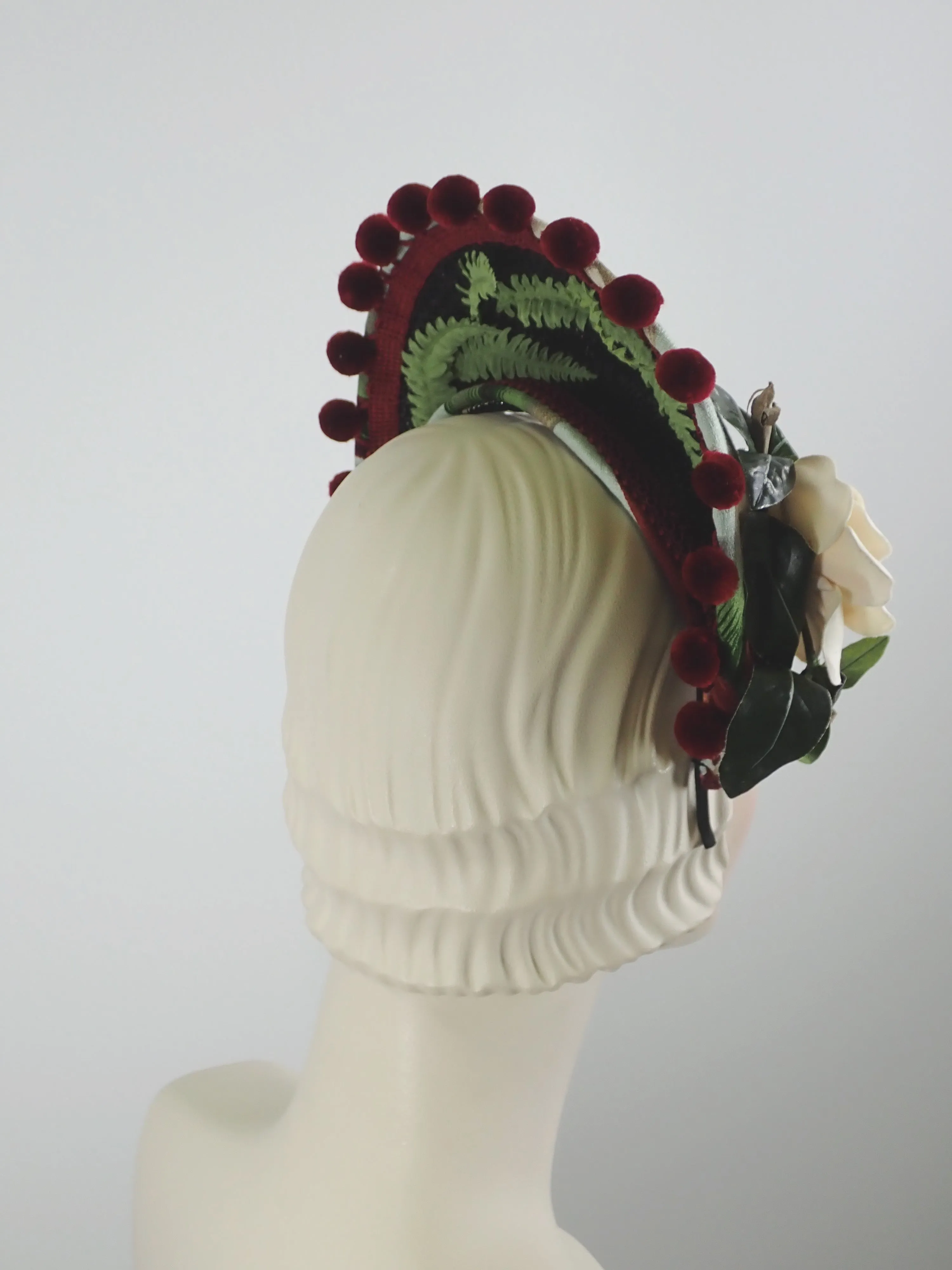 Tropical Print Tiara Halo Style Facinator in Green, Burgundy, Tan and White