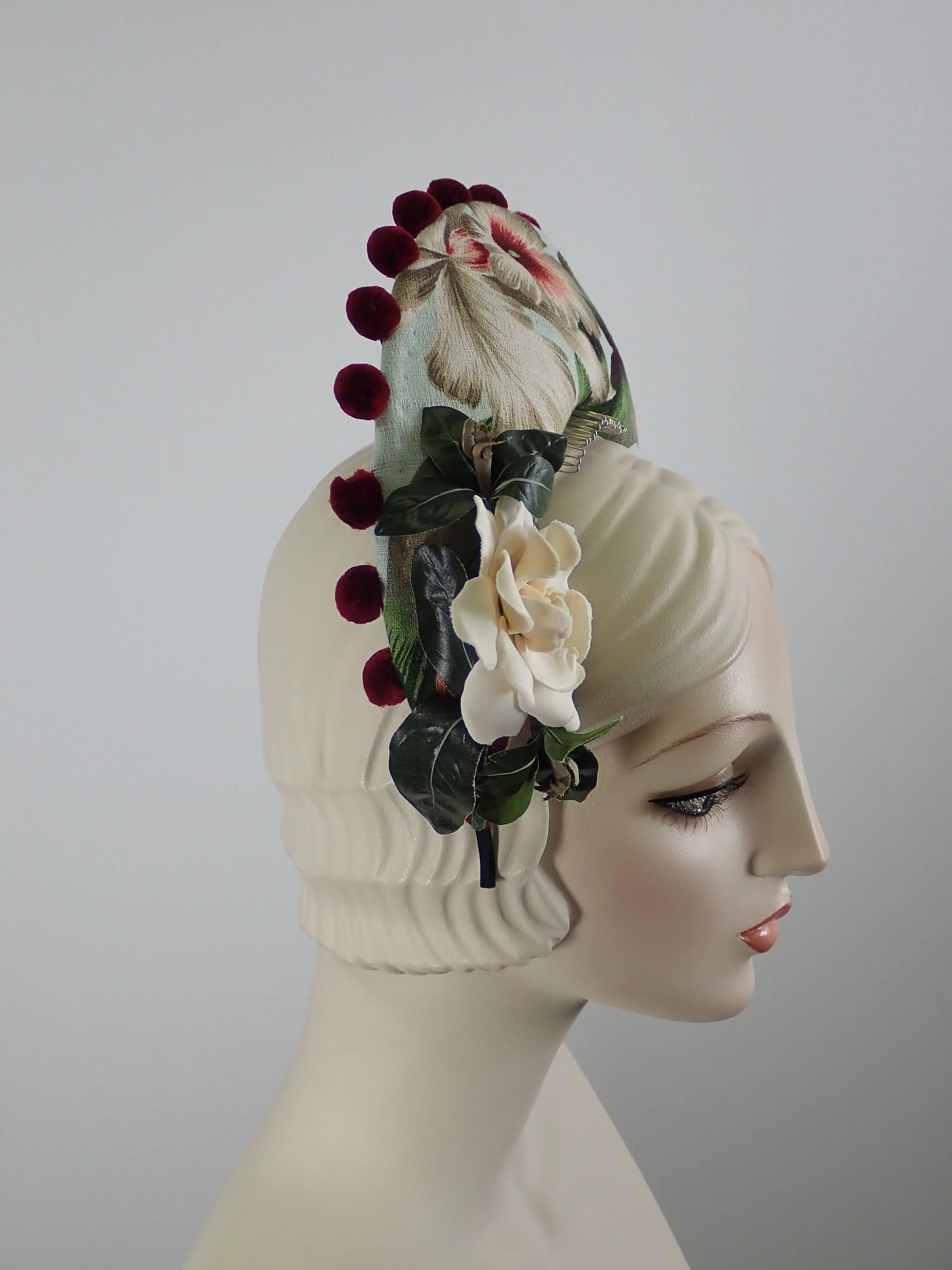 Tropical Print Tiara Halo Style Facinator in Green, Burgundy, Tan and White