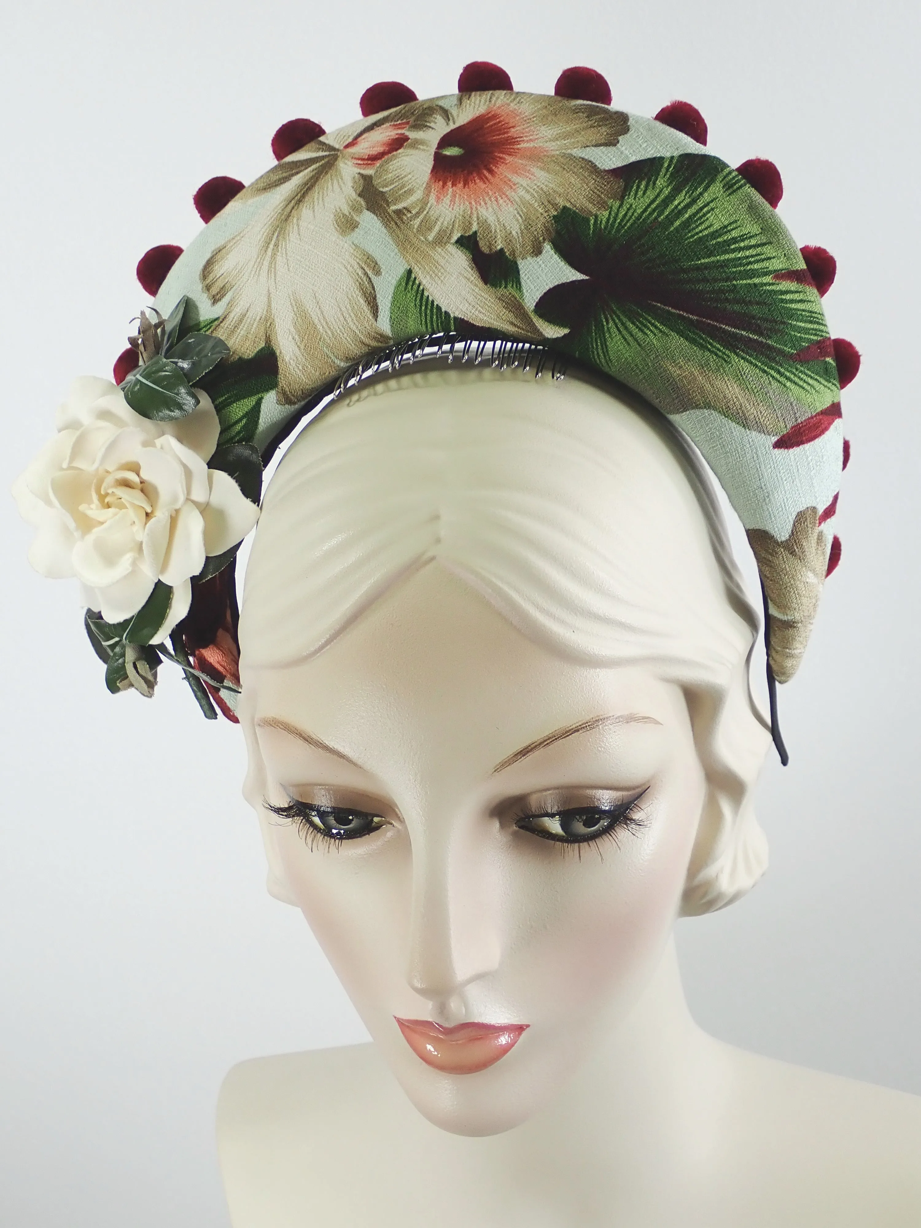 Tropical Print Tiara Halo Style Facinator in Green, Burgundy, Tan and White