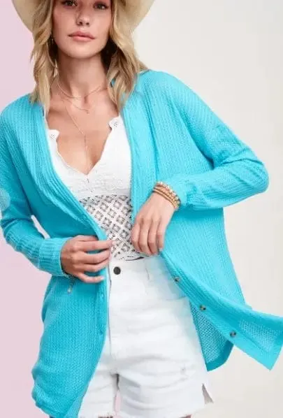 Turquoise Cardigan with waffle knit sweater