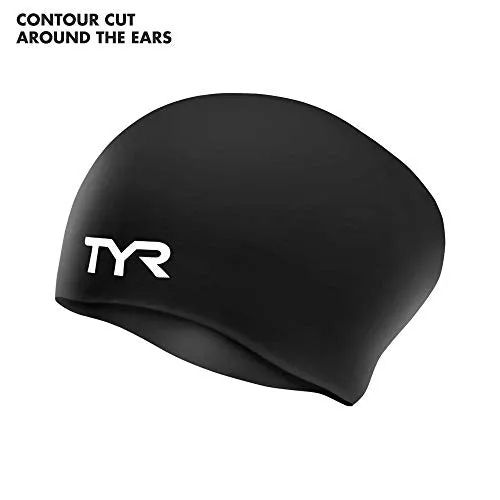 TYR Long Hair Wrinkle Free Silicone Swim Cap (Black)