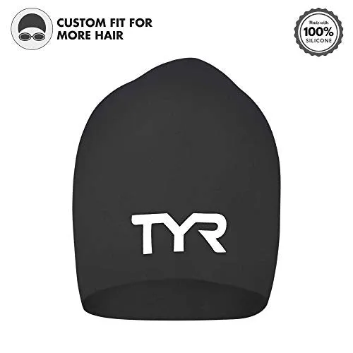 TYR Long Hair Wrinkle Free Silicone Swim Cap (Black)