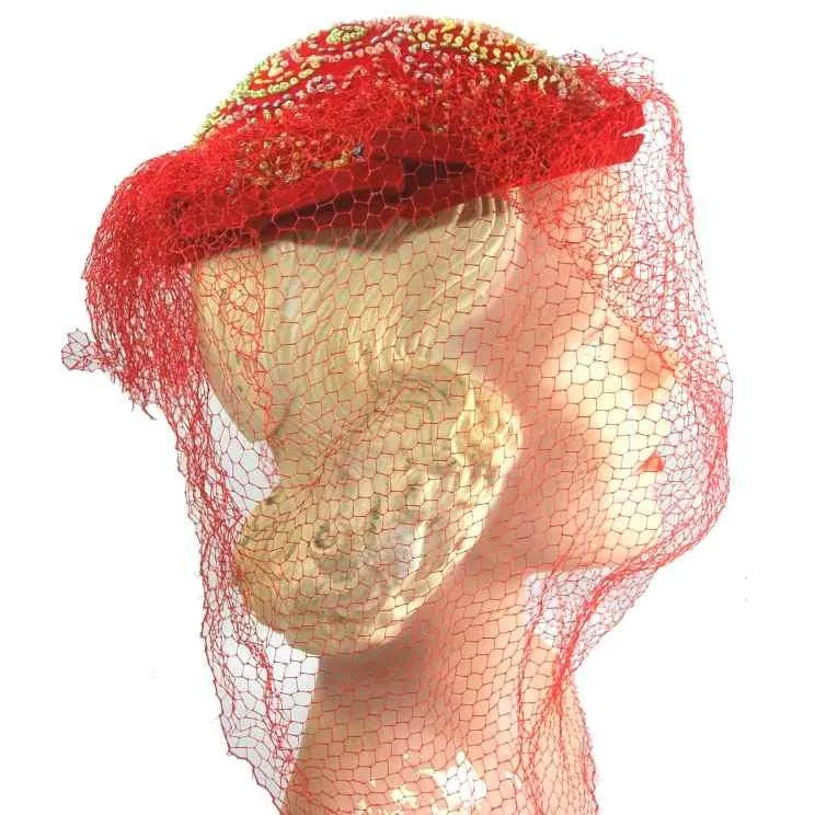Vintage Red Embroidered Hat Gorgeous Long Net 1940s