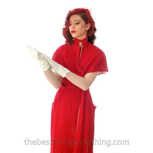 Vintage Red Embroidered Hat Gorgeous Long Net 1940s