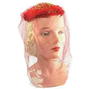 Vintage Red Embroidered Hat Gorgeous Long Net 1940s