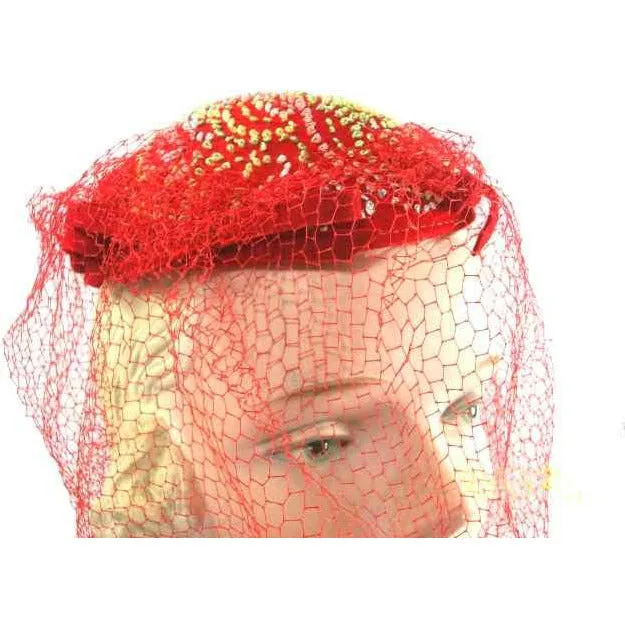 Vintage Red Embroidered Hat Gorgeous Long Net 1940s