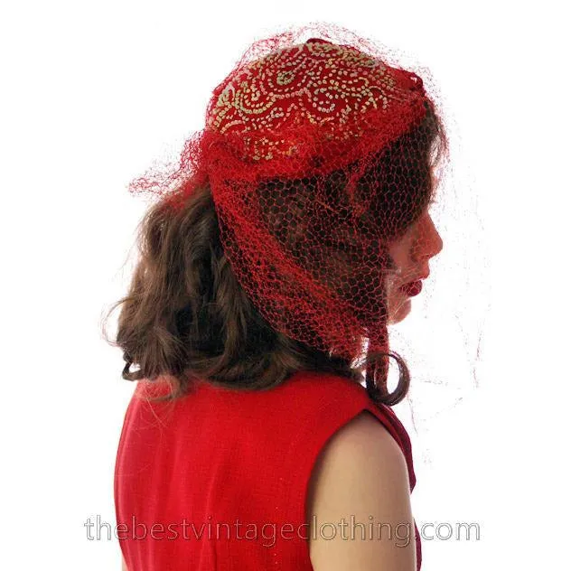 Vintage Red Embroidered Hat Gorgeous Long Net 1940s