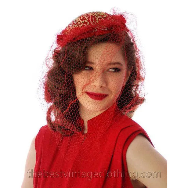 Vintage Red Embroidered Hat Gorgeous Long Net 1940s