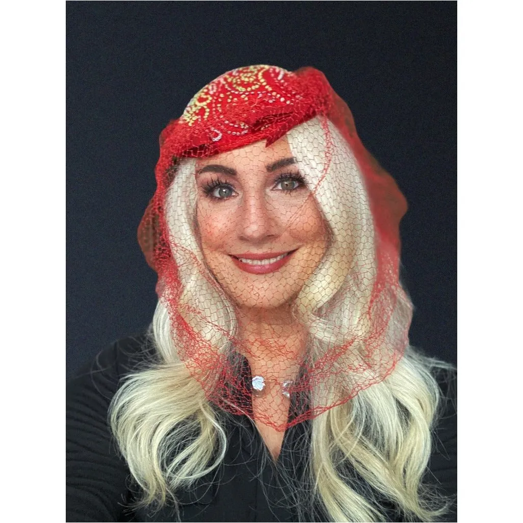 Vintage Red Embroidered Hat Gorgeous Long Net 1940s