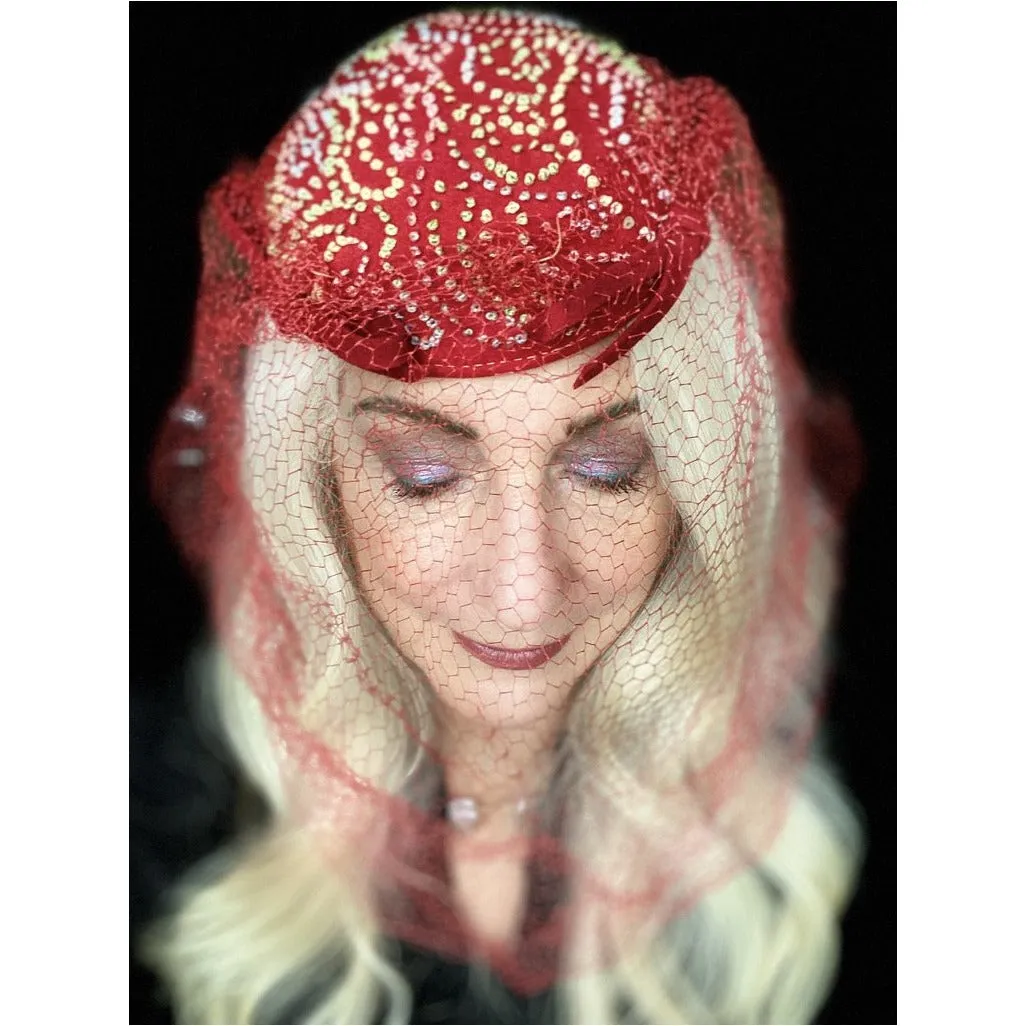 Vintage Red Embroidered Hat Gorgeous Long Net 1940s