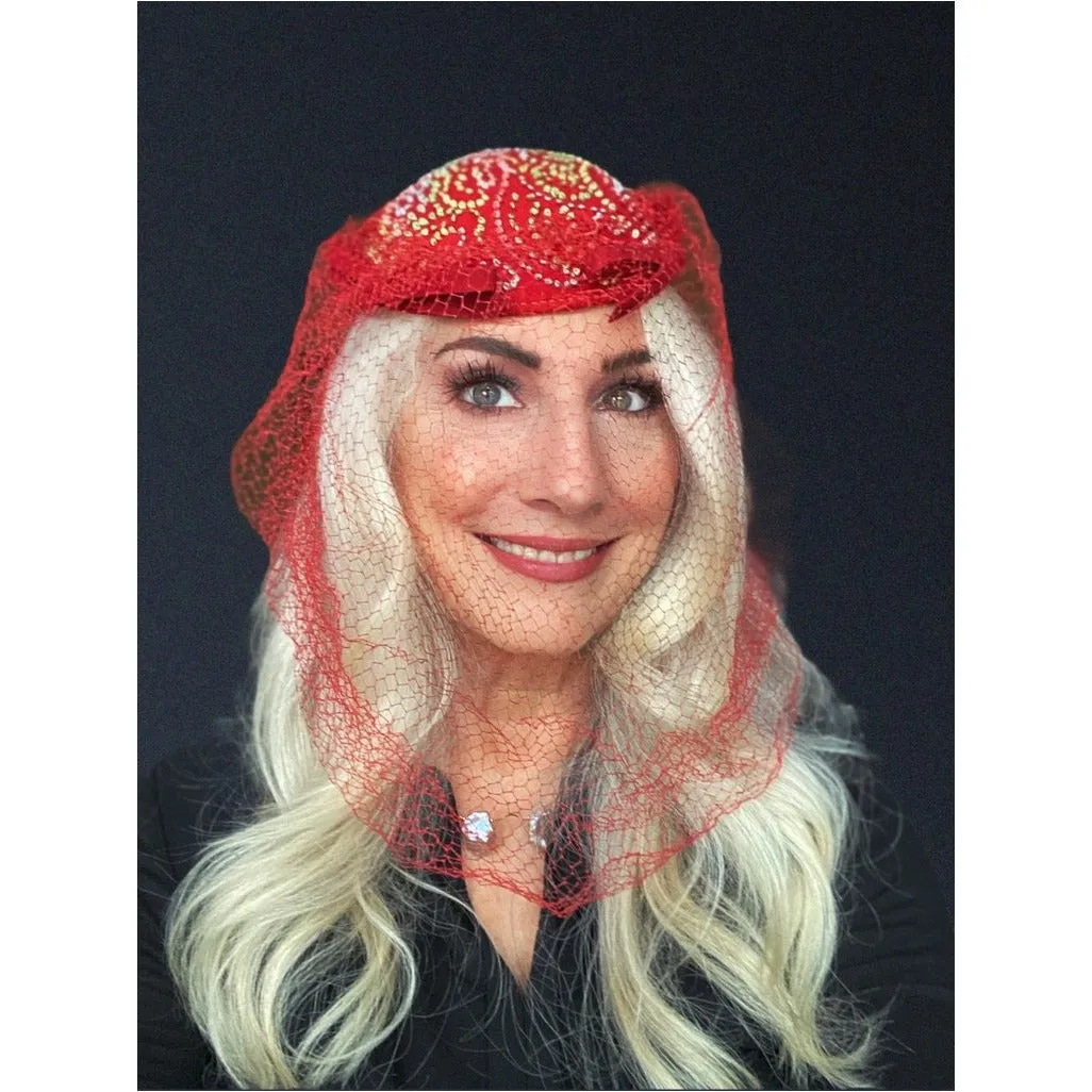 Vintage Red Embroidered Hat Gorgeous Long Net 1940s