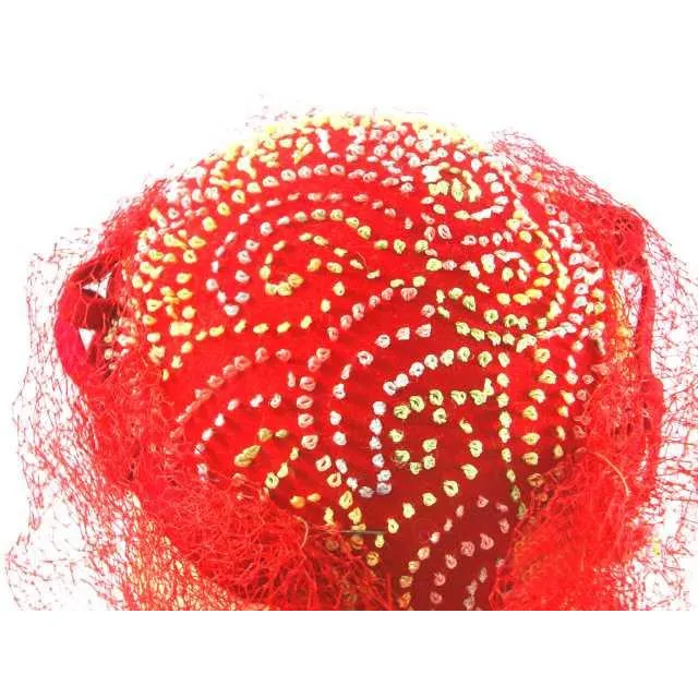Vintage Red Embroidered Hat Gorgeous Long Net 1940s