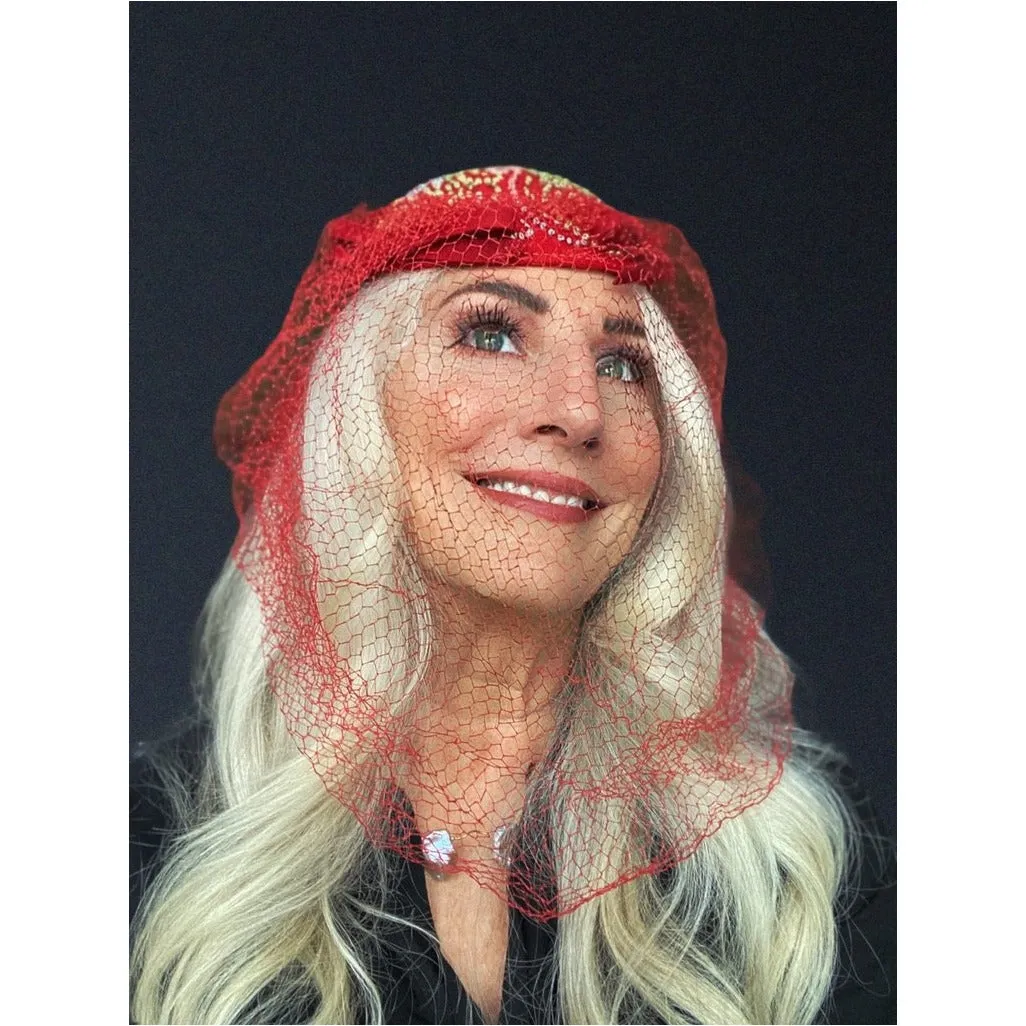 Vintage Red Embroidered Hat Gorgeous Long Net 1940s