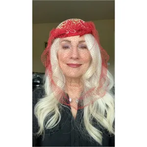 Vintage Red Embroidered Hat Gorgeous Long Net 1940s