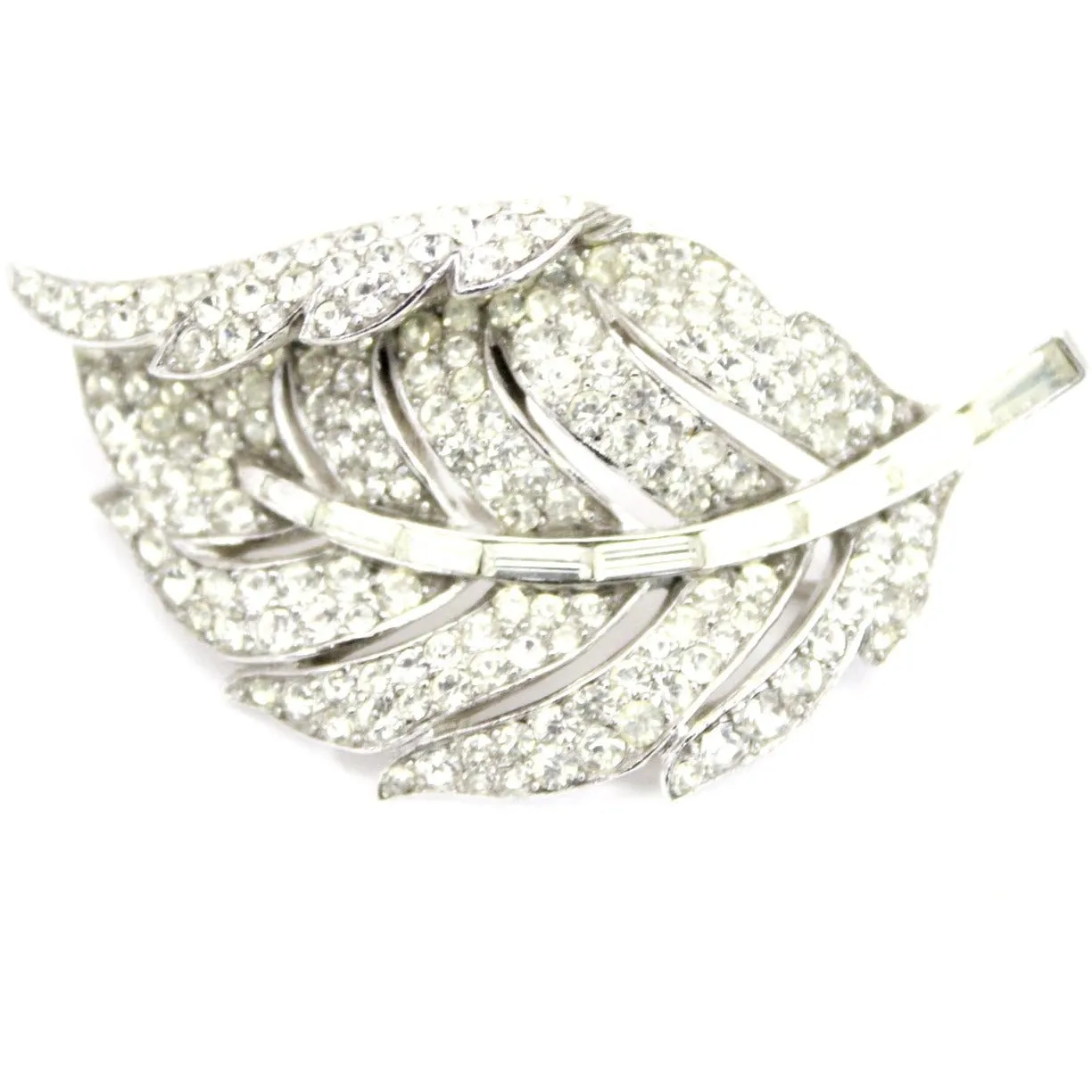 VINTAGE Trifari 'Alfred Philippe' Pave and Baguettes Rhodium 1950s Curling Leaf Pin 2"