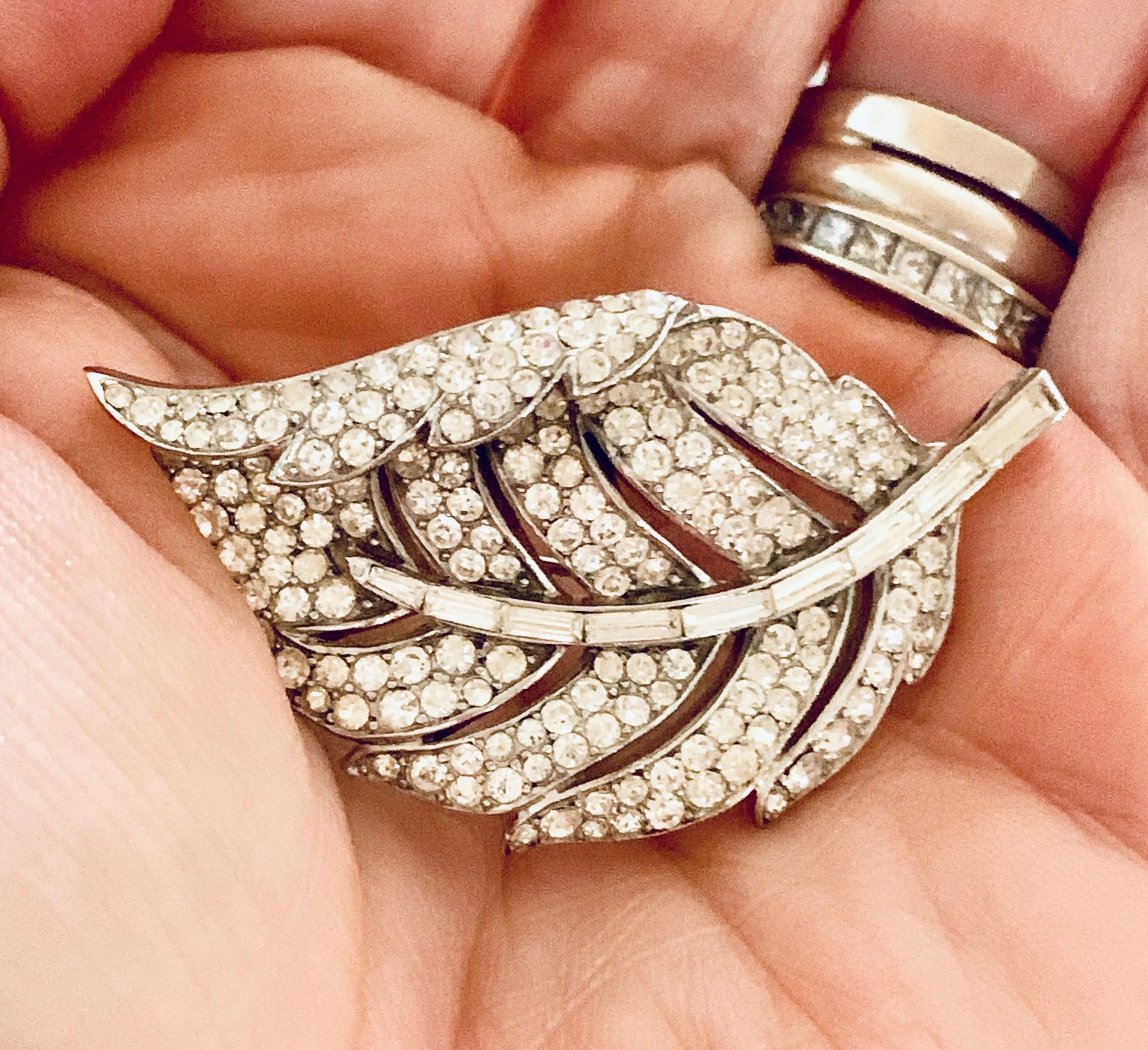 VINTAGE Trifari 'Alfred Philippe' Pave and Baguettes Rhodium 1950s Curling Leaf Pin 2"