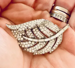 VINTAGE Trifari 'Alfred Philippe' Pave and Baguettes Rhodium 1950s Curling Leaf Pin 2"