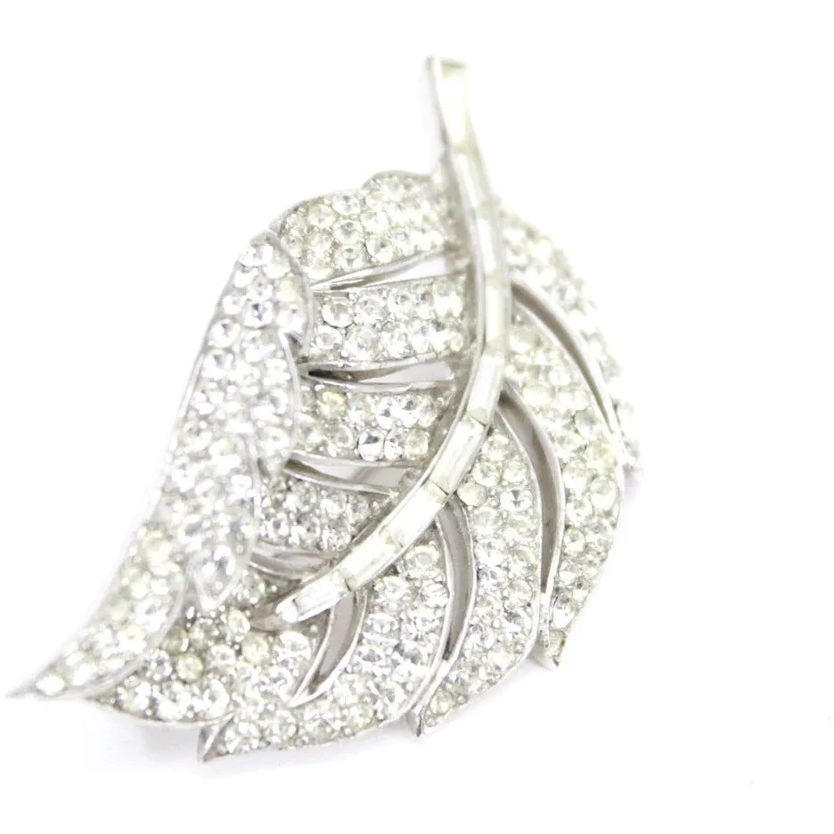 VINTAGE Trifari 'Alfred Philippe' Pave and Baguettes Rhodium 1950s Curling Leaf Pin 2"