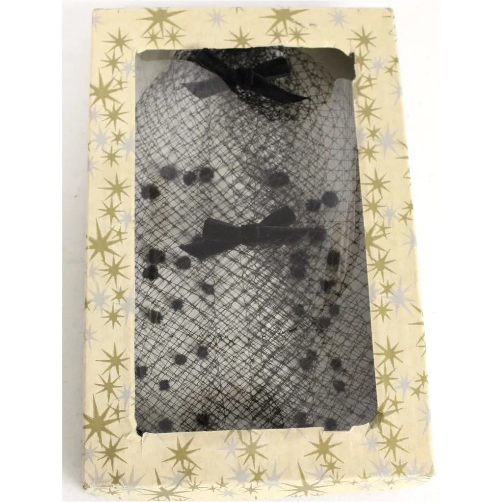 Vintage Whimsey Hat Black w/ Velvet & Veil NIB 1950s Chenille Dots Cocktail