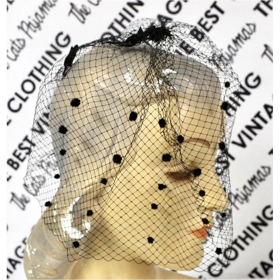 Vintage Whimsey Hat Black w/ Velvet & Veil NIB 1950s Chenille Dots Cocktail